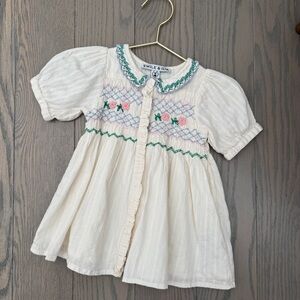 Emile & Ida Ecru Cotton Hand Embroidered Smock Dress Fine Material Kolkid 12M